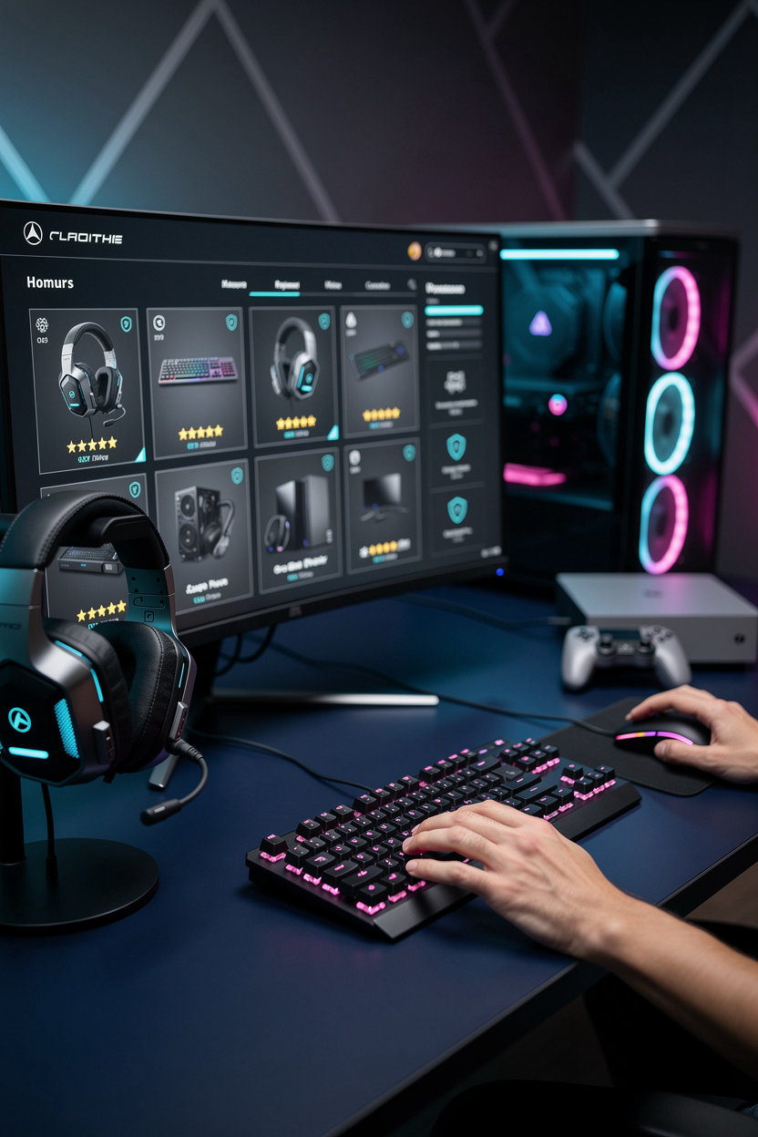 Rashid Store gaming accessories and hardware including headsets, mechanical keyboards, gaming mice, and monitors