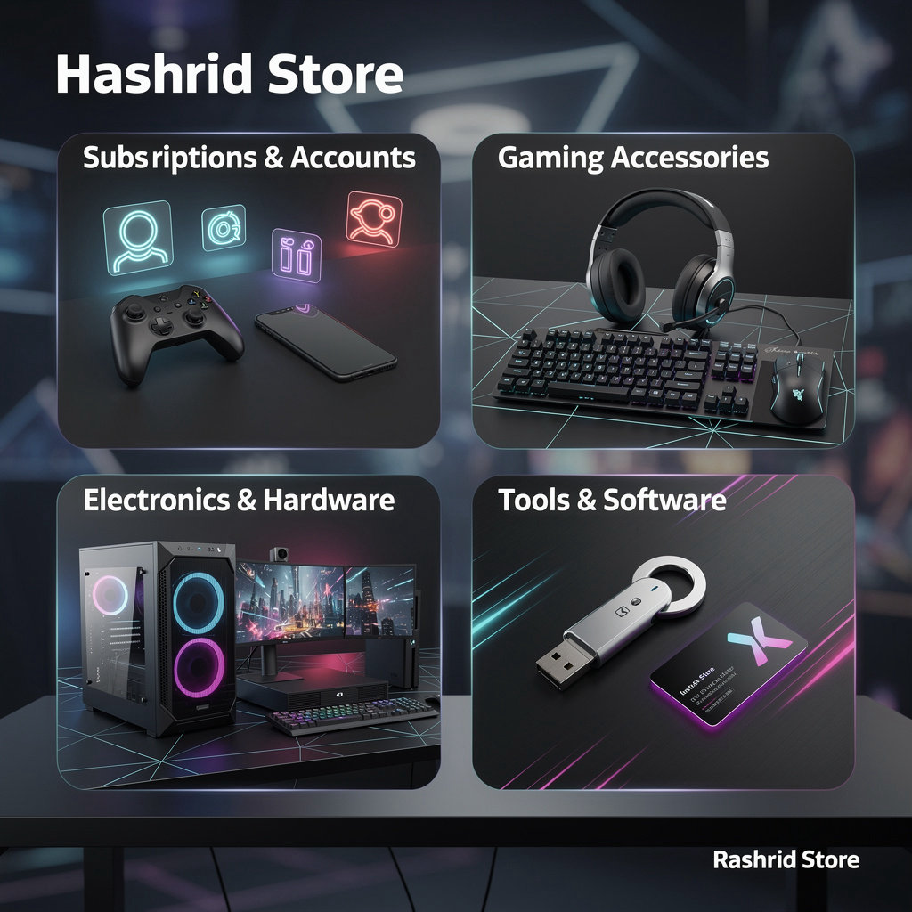 Rashid Store gaming product categories - subscriptions, accessories, hardware, and software tools