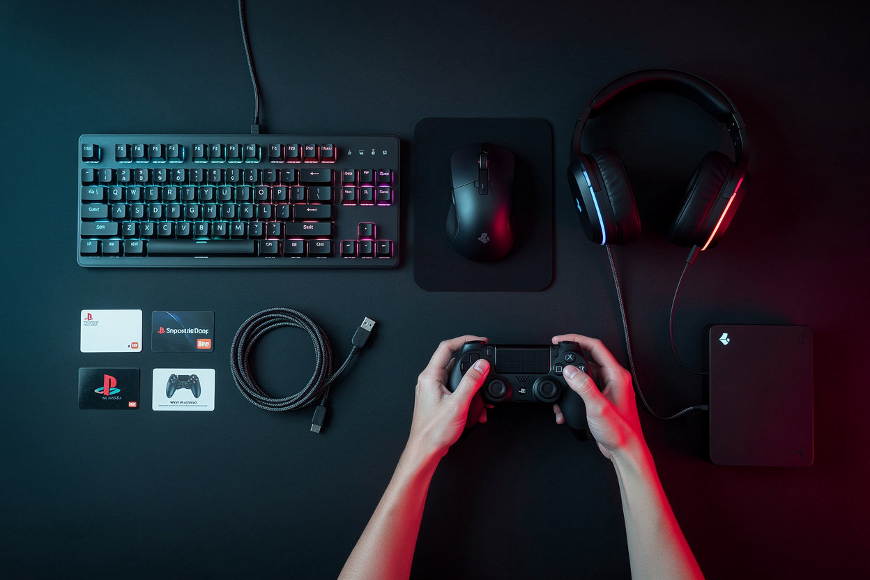 Rashid Store gaming product range - controllers, headsets, and gaming setup representing subscriptions, accounts, electronics, and tools